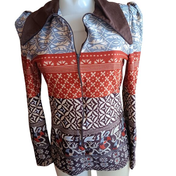 Vintage Small Scandinavian Top 1OF1 Print Zip-Up 1970's Boho Big Collar Handmade - Picture 2 of 9